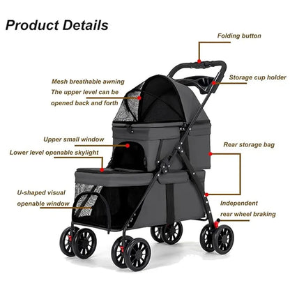Dual‑Layer Pet Stroller Foldable Travel Dog Cat Cart Breathable Mesh Wagon with Cup Holder Storage Bag for Small Animals