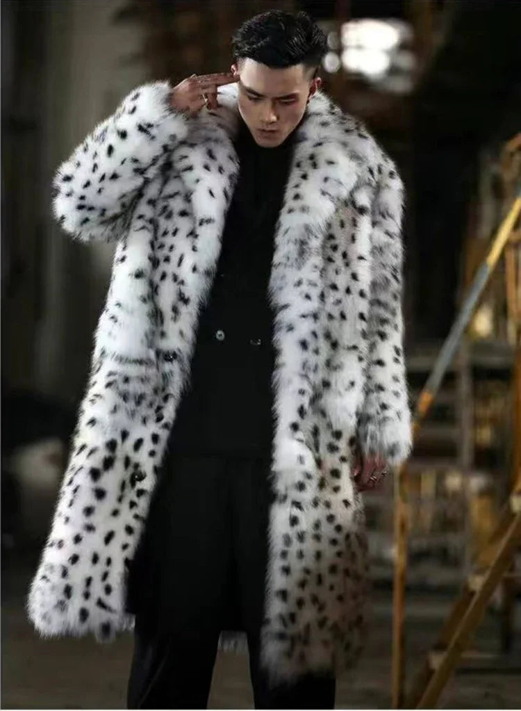 Leopard Men Winter Thick Hooded Faux Fox Fur Coat Jacket Long Sleeve Warm Luxury Fur Black Parkas Bontjas Furry Shaggy Outerwear