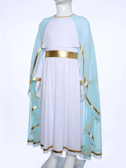 Halloween Virgin Mary Costume for Kids Girls Fancy Greek Princess Cosplay Long Sleeve Ruffle Dress with Chiffon Cape Theme Party