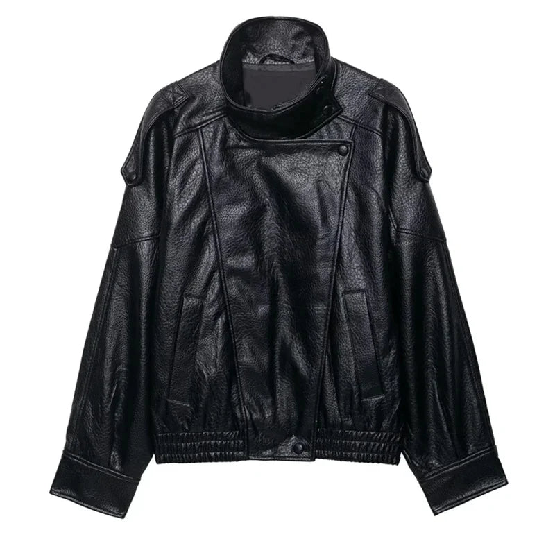 Women's Faux Leather Jacket 2025 New Fashion Autumn Black Long Sleeve Pebble Jacket Motorcycle Style Personality Ladies Jacket