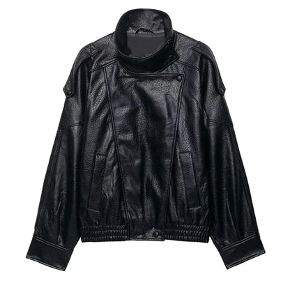 Women's Faux Leather Jacket 2025 New Fashion Autumn Black Long Sleeve Pebble Jacket Motorcycle Style Personality Ladies Jacket