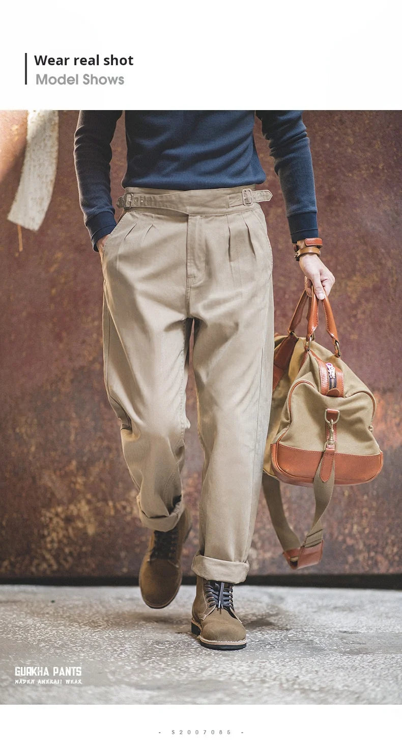 Maden Vintage Khaki Gurkha Pants Adjustable High Waist Casual Cargo Work Pants Classic Straight Trousers Men's Spring and Fall