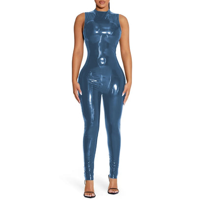 PVC Sleeveless Jumpsuit for Ladies, Wet Look, Shiny Patent Leather, O-Neck Bodycon, Tank Catsuit, Stretch Slim Rompers, Sexy