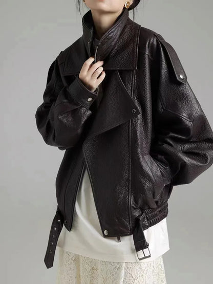 New Outerwear Leather Jacket Women American Retro Top Sheepskin Bubble Leather Double Lapel Loose Profile Coffee Locomotive Coat