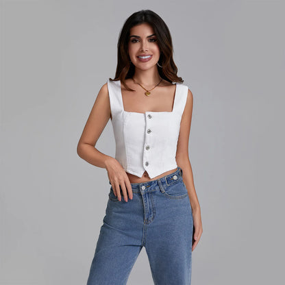 Summer Denim Tank Tops Women Slim Fit Square Neck Backless Back Shirred Sleeveless Button Down Crop Tops for Party Club Night