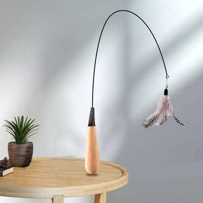 Wooden Handle Spring Teasing Cat Stick Feather Simulation Fishing Rod Cat Teaser Stick Interactive Replaceable Bell Squeaky Cat