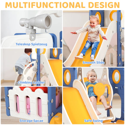 3-in-1 Toddler Slide Climber Playset, Freestanding Slide for Kids Indoor Outdoor Toy W/ Telescope, Tunnel, Basketball Hoop, Ball