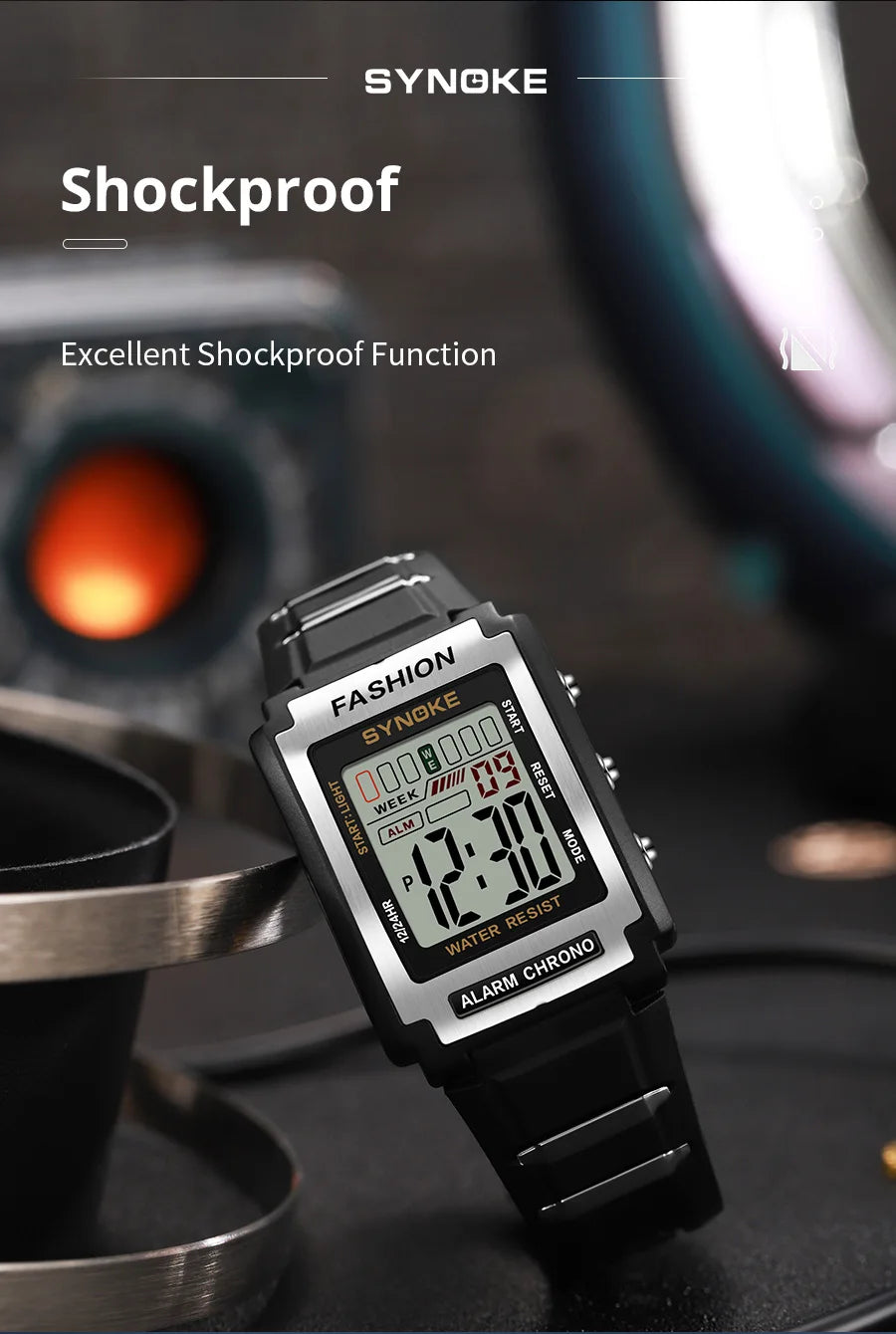 SYNOKE Men Rectangular Sports Electronic Watch Waterproof 50M Night Light Large Screen Alarm Clock Trend Retro Style