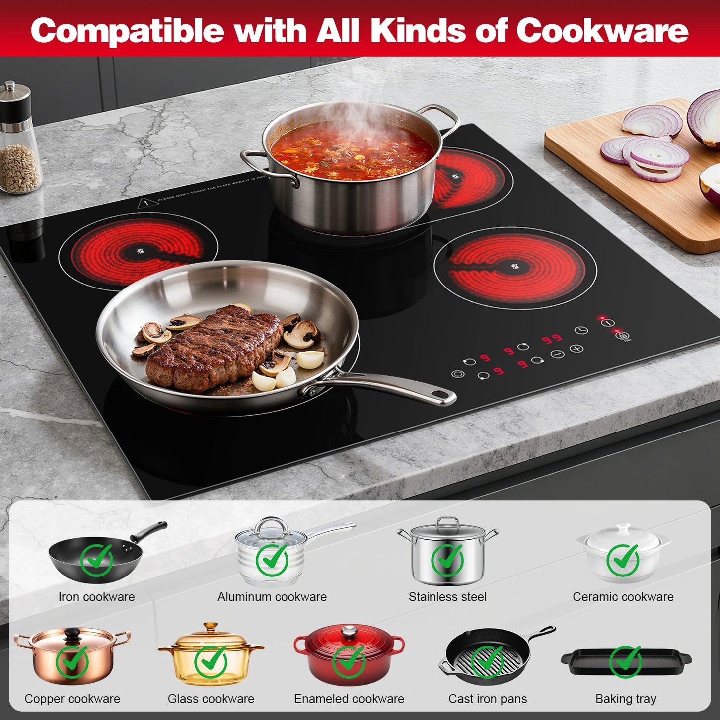 2-Zone Ceramic Hob, 3000W with Child Lock, 9 Heat Levels, 1-99min Timer, Black (CE Certified)