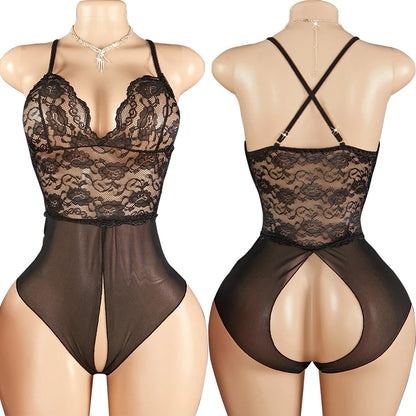 One Pieces Bodysuit Plus Size Women Lace Jumpsuit Erotic Outfits Sexy Backless Romper Deep V Open Bra Crotchless Teddy Bodysuits
