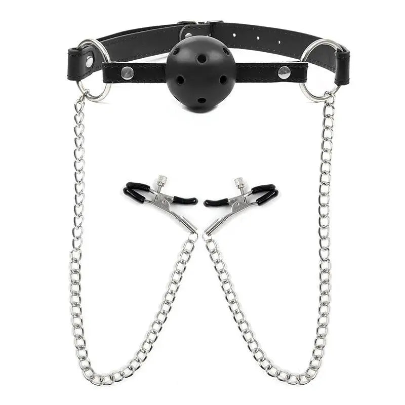 Erotic Toy PU Leather Mouth Gag Ball Oral Sex With Chain Clip Breast Nipple Clamps Bondage Harness Sex Toys Adult Games