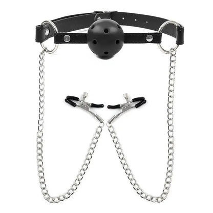 Erotic Toy PU Leather Mouth Gag Ball Oral Sex With Chain Clip Breast Nipple Clamps Bondage Harness Sex Toys Adult Games