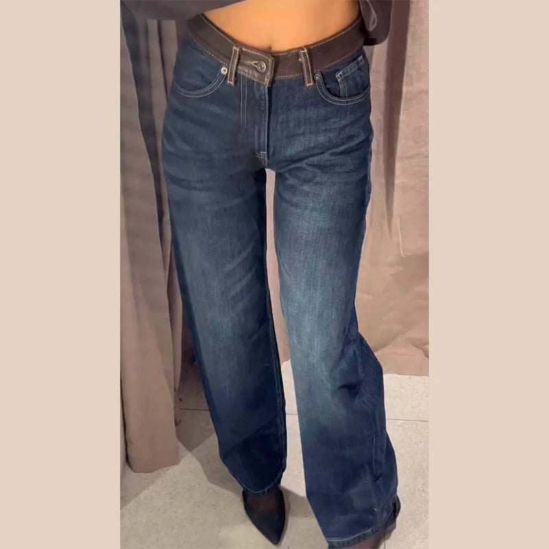 Female Vintage Leather Pocket Jeans Women Blue Zipper Straight Loose Trousers Lady New Fashion Daily Casual Spring Pants 2026