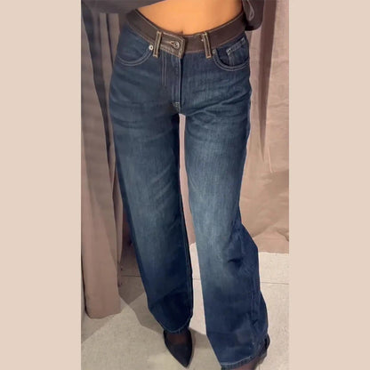 Female Vintage Leather Pocket Jeans Women Blue Zipper Straight Loose Trousers Lady New Fashion Daily Casual Spring Pants 2026