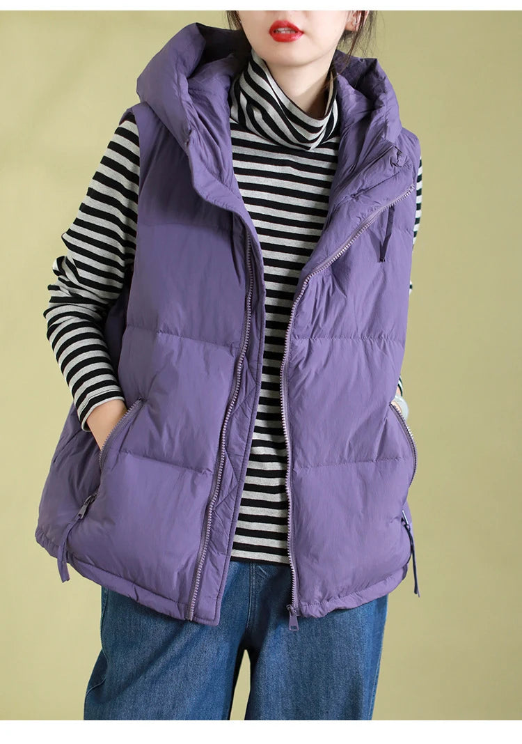 Schinteon Women 90% White Duck Down Vest with Hood Autumn Winter Over Size Casual Sleeveless Jacket Top Fashionable Gilet 2026