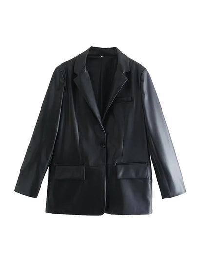 Women's Fashion Faux Leather Blazer Coat Loose Fit Old Money Style Long Sleeve Front Button Chic Outerwear Top