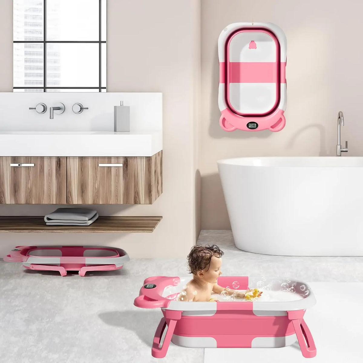 Collapsible Baby Bathtub for Newborn with Thermometer &1Soft Floating Cushion,Portable Travel Bathtub with Drain Hole,Baby Tubs