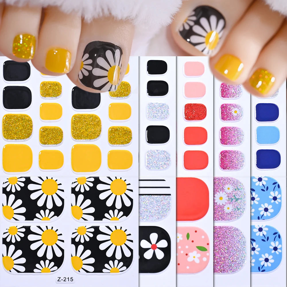 5Sheets Yellow Daisy Toenail Sticker 110Tips Full Cover Baking Free Toe Nail Wraps Elegant Flower Self-Adhesive Toe Polish Strip