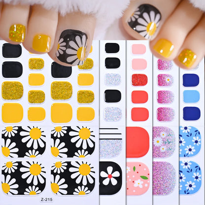 5Sheets Yellow Daisy Toenail Sticker 110Tips Full Cover Baking Free Toe Nail Wraps Elegant Flower Self-Adhesive Toe Polish Strip