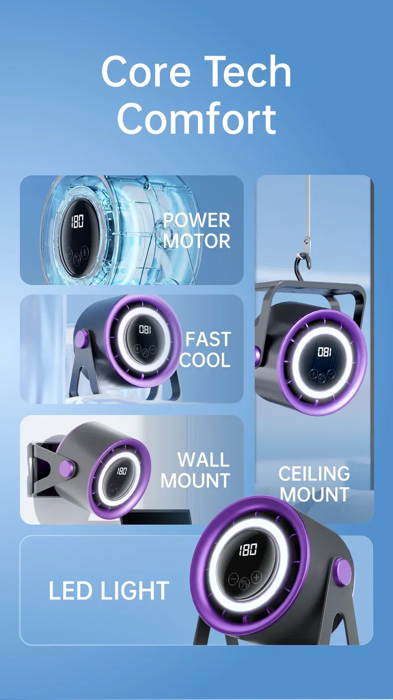 TINSOL 1800mAH Portable Electric Fan with Ambient Light Turbo Mute Electric Fan Desktop Wall Mount Ceiling Air Cooler