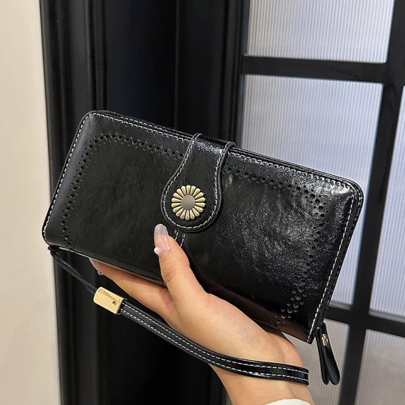 Vintage Hollow PU Long Wrist Wallet, Multi Card Slots Snap Zipper Ladies Purse For ID Cards Cash Bank Cards