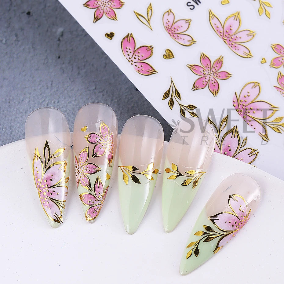 2/3pcs Golden Pink Hibiscus Flower Nail Stickers 3D Bronzing Border Petals Sakura Line Sliders Nail Decals DIY Manicure Decor