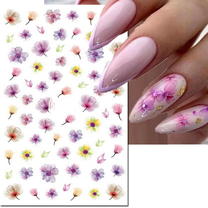 3d Nail Art Decals Watercolor Florals Purple Green Pink Flowers Leafs Fruit Adhesive Sliders Nail Stickers For Manicure