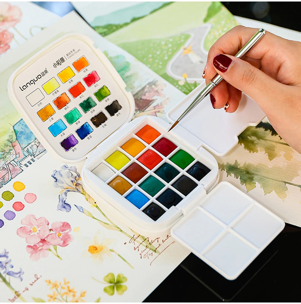 16 Colors Mini Portable Solid Watercolor Paint Set with Brush & Palette Travel Sketching Painting Box for Art Drawing Sketching