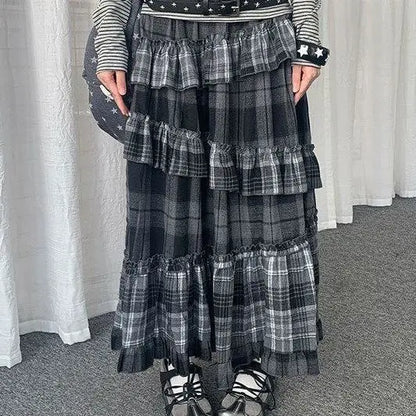 Y2k Vintage Long Skirts Plaid Ruffles Patchwork Harajuku Casual Loose Cake Skite Punk Gothic Streetwear All Match Women Clothing
