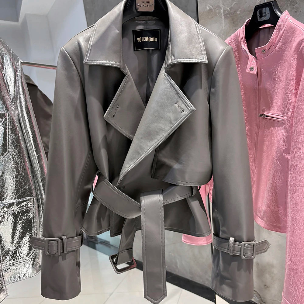YOLOAgain 2025 Autumn Elegant Real Leather Jacket Coat Women Oversized Leather Jacket With Belt