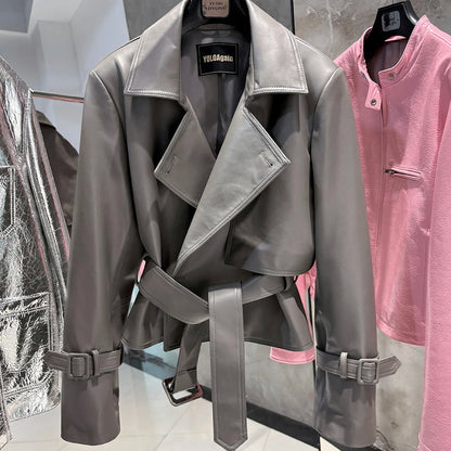 YOLOAgain 2025 Autumn Elegant Real Leather Jacket Coat Women Oversized Leather Jacket With Belt