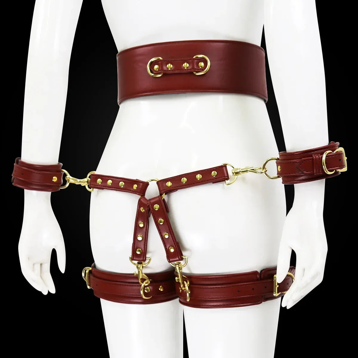 Professional BDSM Red Leather Harness Set Collar Handcuffs Restraint Kit for Women Slave Role Play Fetish Gear Adult Game Toy