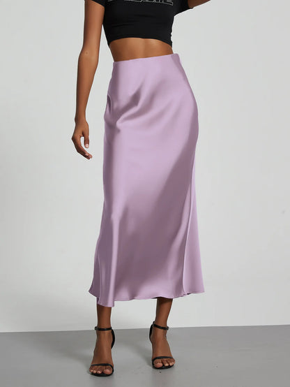 21 Colors New 2026 Women's Elegant High Waist Satin Long Skirts Female Summer Solid Color Faldas