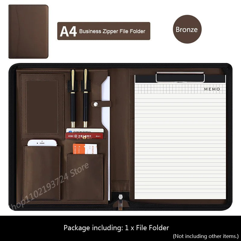 Executive Business A4 Leather Portfolio Folder Clipboard for Zippered Desk Organizer Document Briefcase Calculator for Office
