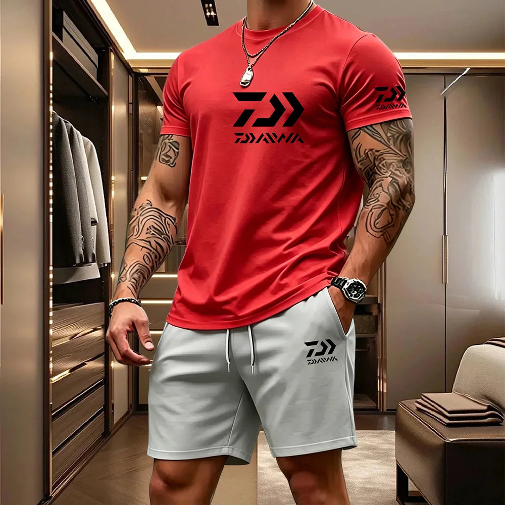 2026 Summer Men's Short Sleeved T-shirt Drawstring Shorts Set Breathable Outdoor Sports Set Men's Daily Fishing Suit