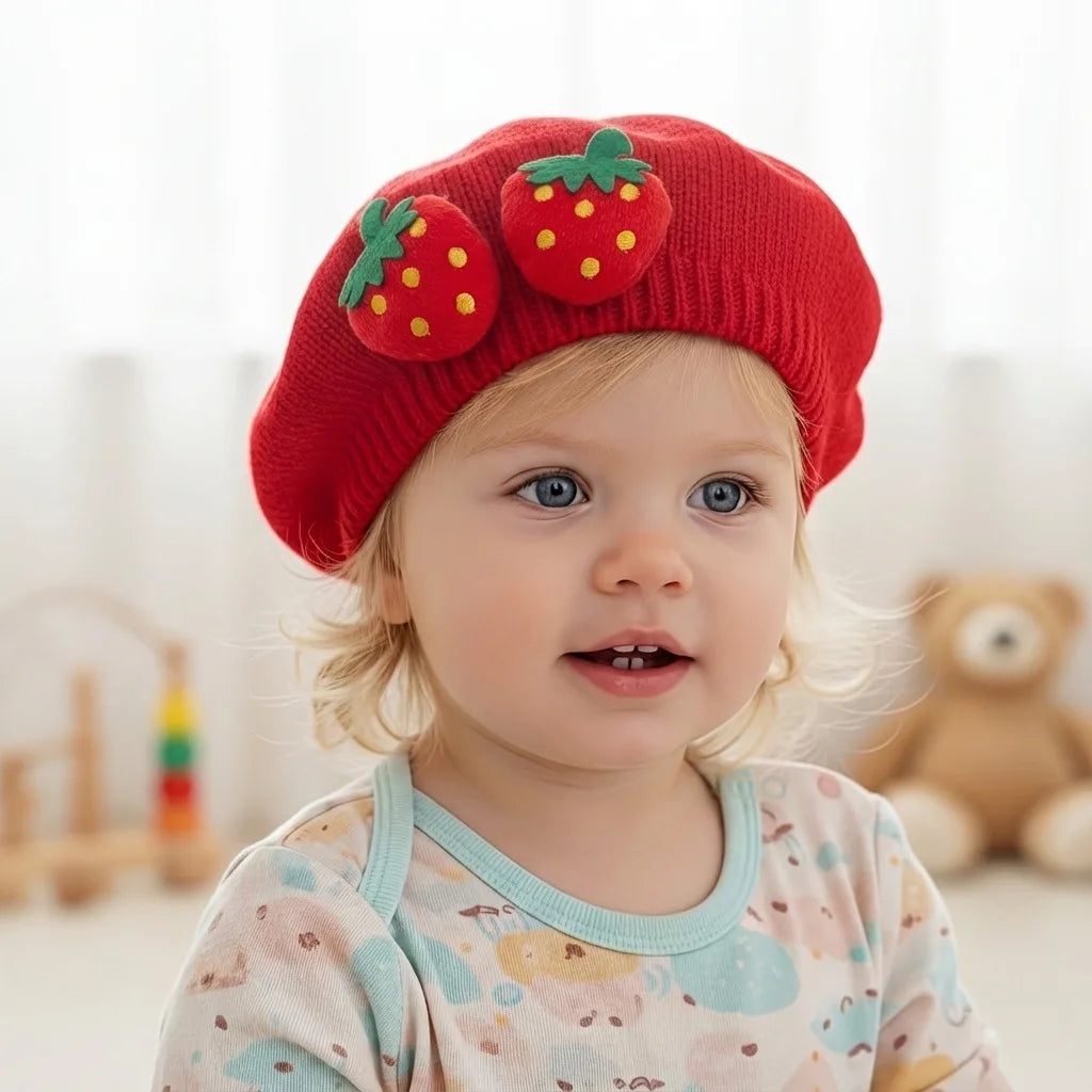 New Spring Baby Beret 0-12M Sweet Strawberry Infant Girls Knit Hat Cute Warm Toddler Stylish Hat