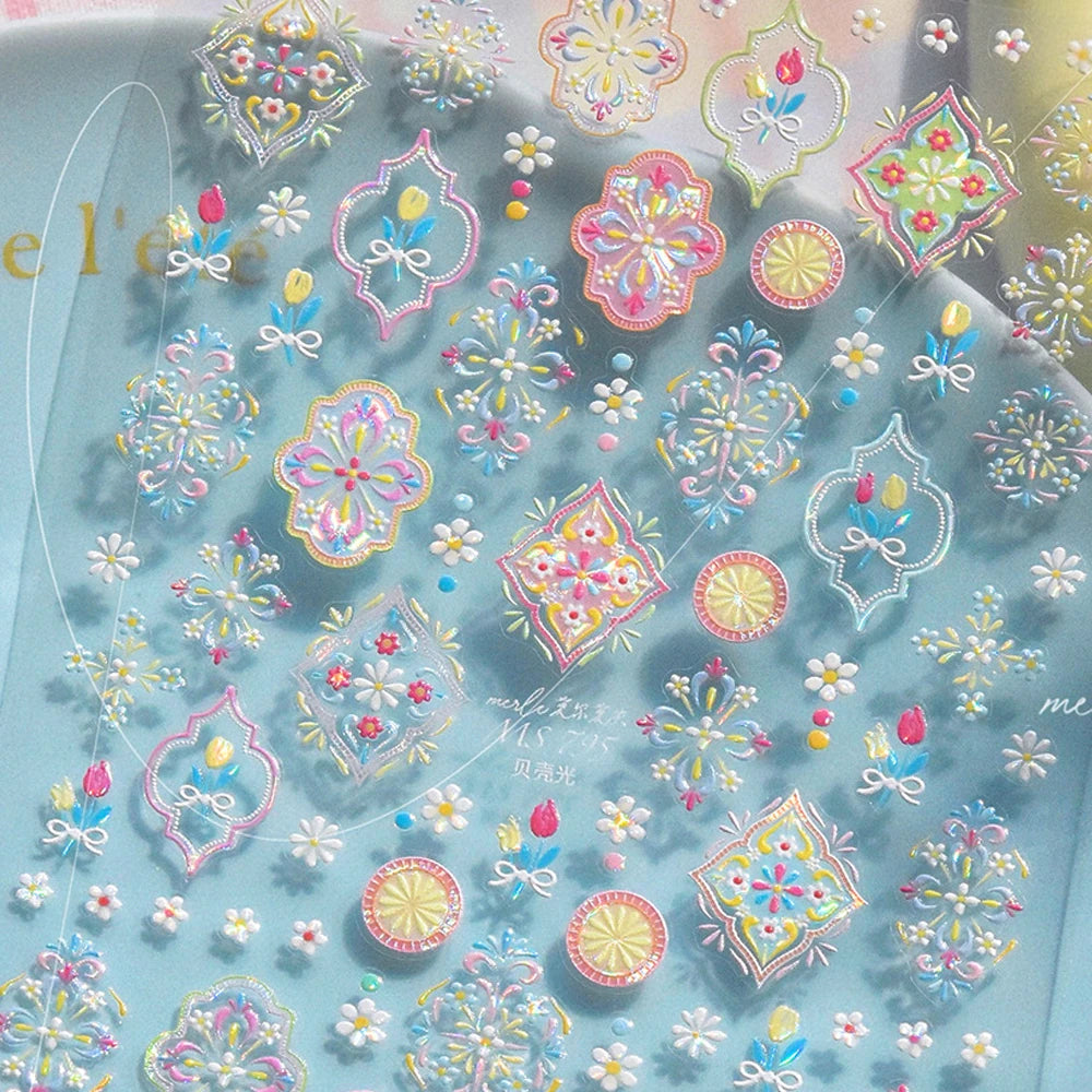 Bohemian Pattern Colorful Love Heart Moon Pearl Crystal Rhinestone 5D Nail Art Sticker Self Adhesive Decoration Manicure Decal