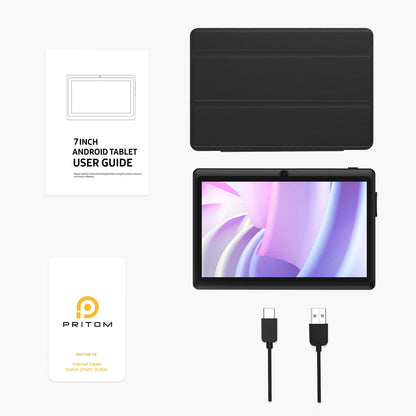 Pritom 7 Inch Tablet PC, Quad Core Android 13, 4GB(2+2GB Virtual) RAM 32GB ROM, WiFi, Dual Camera, USB C, with Leather Case
