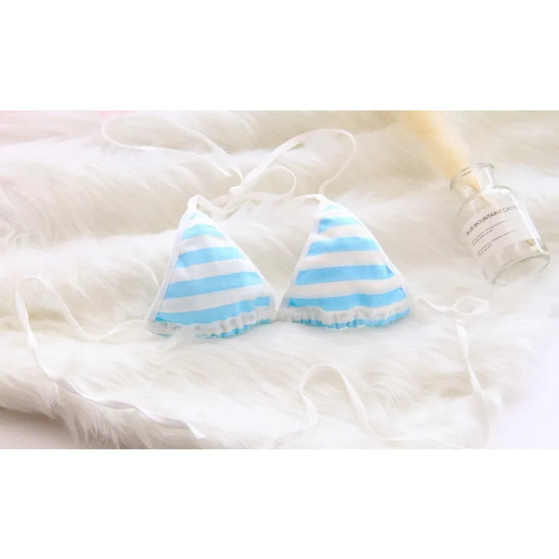 Lace-up Strap Blue and White Striped Set, Blue and White Fat Inner Two-piece Set Womens Lingerie Set  Bra Set  Sexy