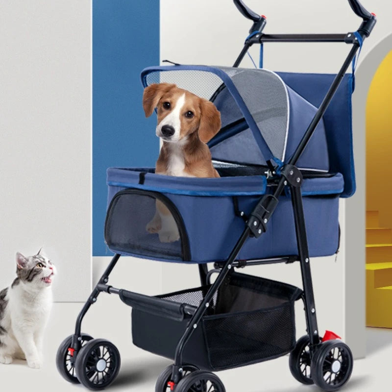 4 Wheel Foldable Pet Stroller Detachable Carrier for Small Dogs Cats, Lightweight Travel Pet Cart with Breathable Mesh
