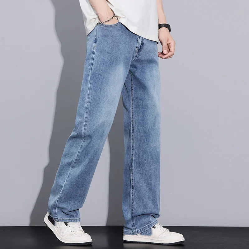 New Arrival American Vintage Wide Leg Elastic Denim Pants for Men Loose Straight Fit Flowy Versatile Casual Pants
