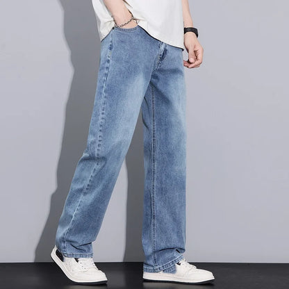 New Arrival American Vintage Wide Leg Elastic Denim Pants for Men Loose Straight Fit Flowy Versatile Casual Pants
