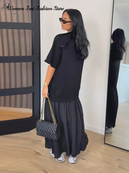2026 Summer New Loose Patchwork Dresses Women's Pleated Fashion Short Sleeve O-neck Long Robes Female Elegant Casual Dress