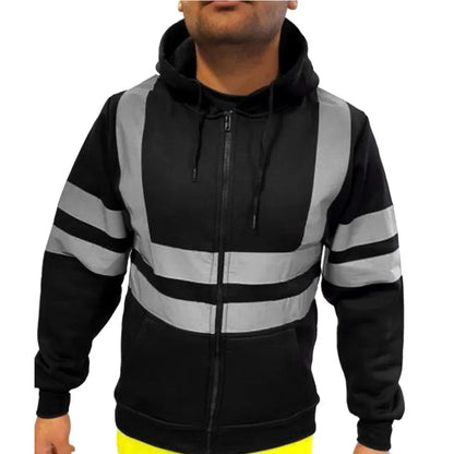 Men Reflective Strip Hoodies Casual Fit Work Safety Jackets Autumn Thin Fleece Hooded Zipper Sweatshirt Coats Workwear For Men