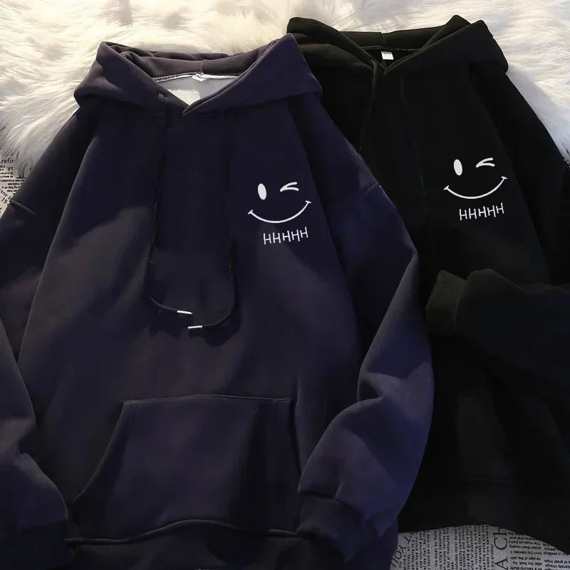 Men's Smiling Face Funny Fashion Couple Hooded Sweater American Heavyweight Loose Thickened Cashmere Boys' Hoodie Pullover Top