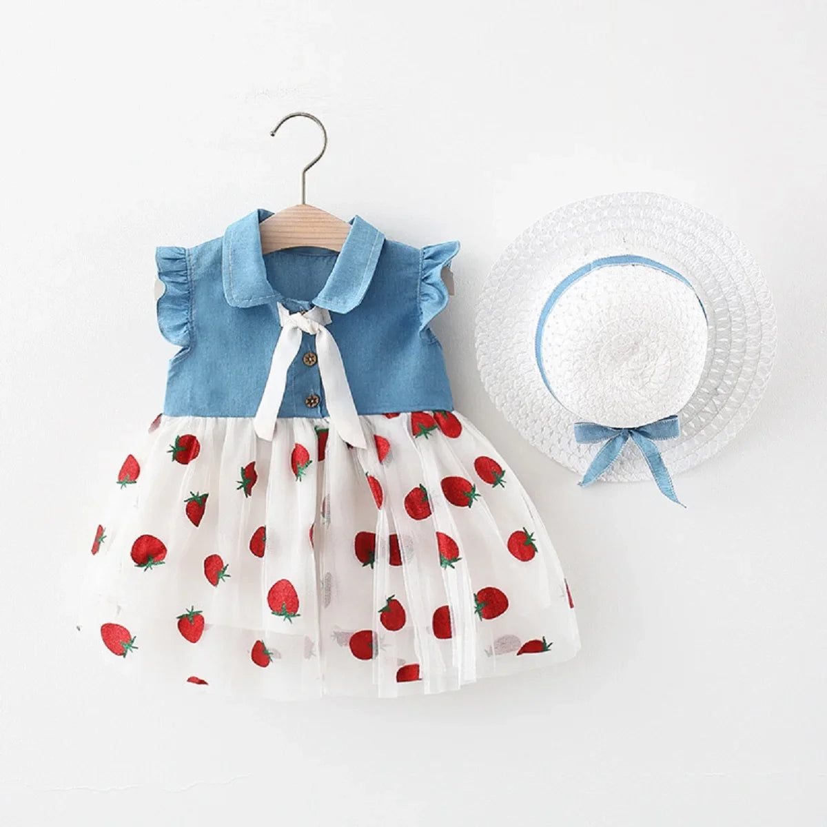 Red Strawberry Chiffon Baby Girl Dress Summer New Children'S Clothing+Hat (9 Months -3 Years Old)