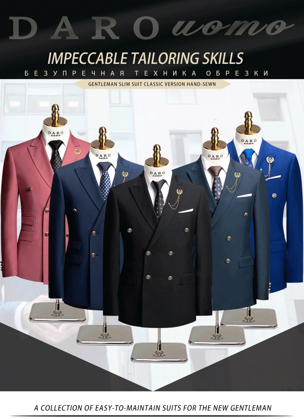 DAROuomo 2026 Men's Slim Fit Formal Business Suit 2Pcs Set - DR8211 (Jacket + Pants) for Work Wear