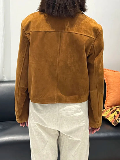 European Imported Kid Suede Leather Jacket for Woman High Grade Turn Down Collar Pocket Short Cropped Coat Long Sleeve Top Mujer