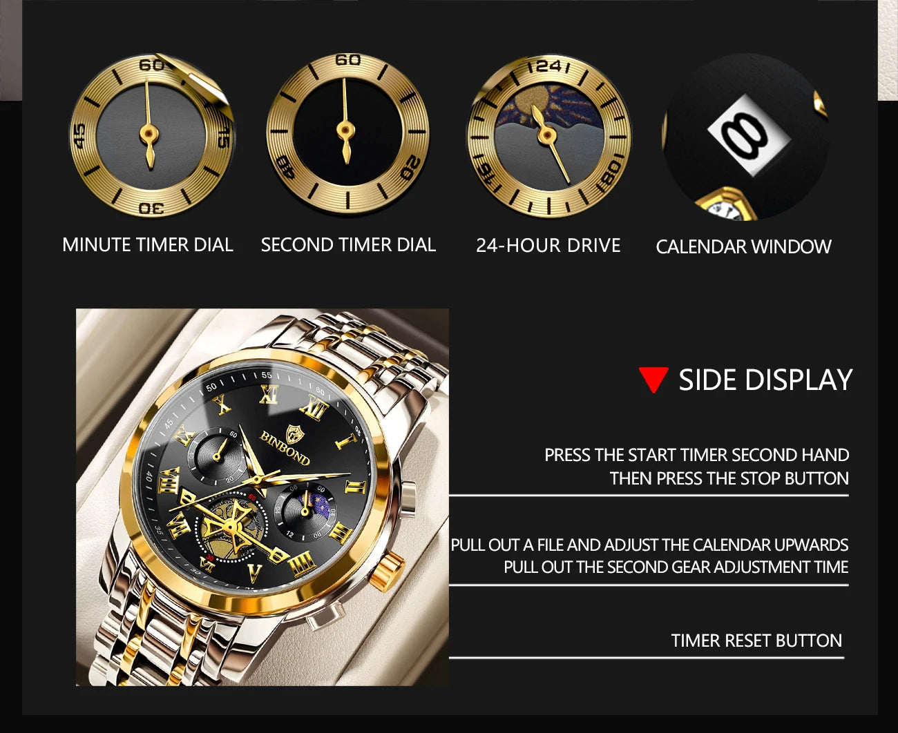 BINBOND Chronograph Men's Watches Accurate Quartz Watch For Men Luxury Luminous Waterproof StopWatch Durable Reloj