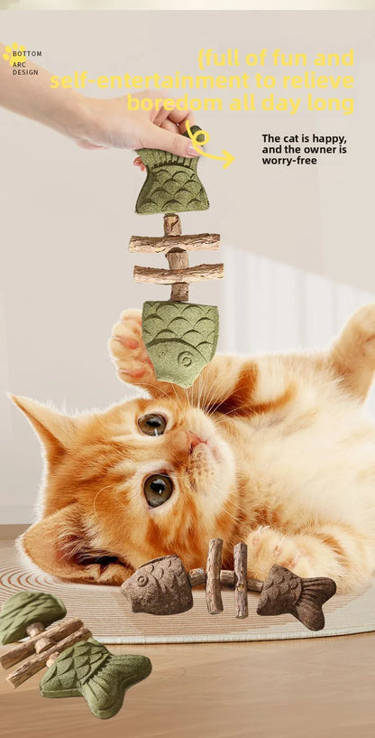 Cat Toy Fish Bone Shape Silvervine Stick Natural Wooden Chew Toy for Kitten Teething Interactive Play